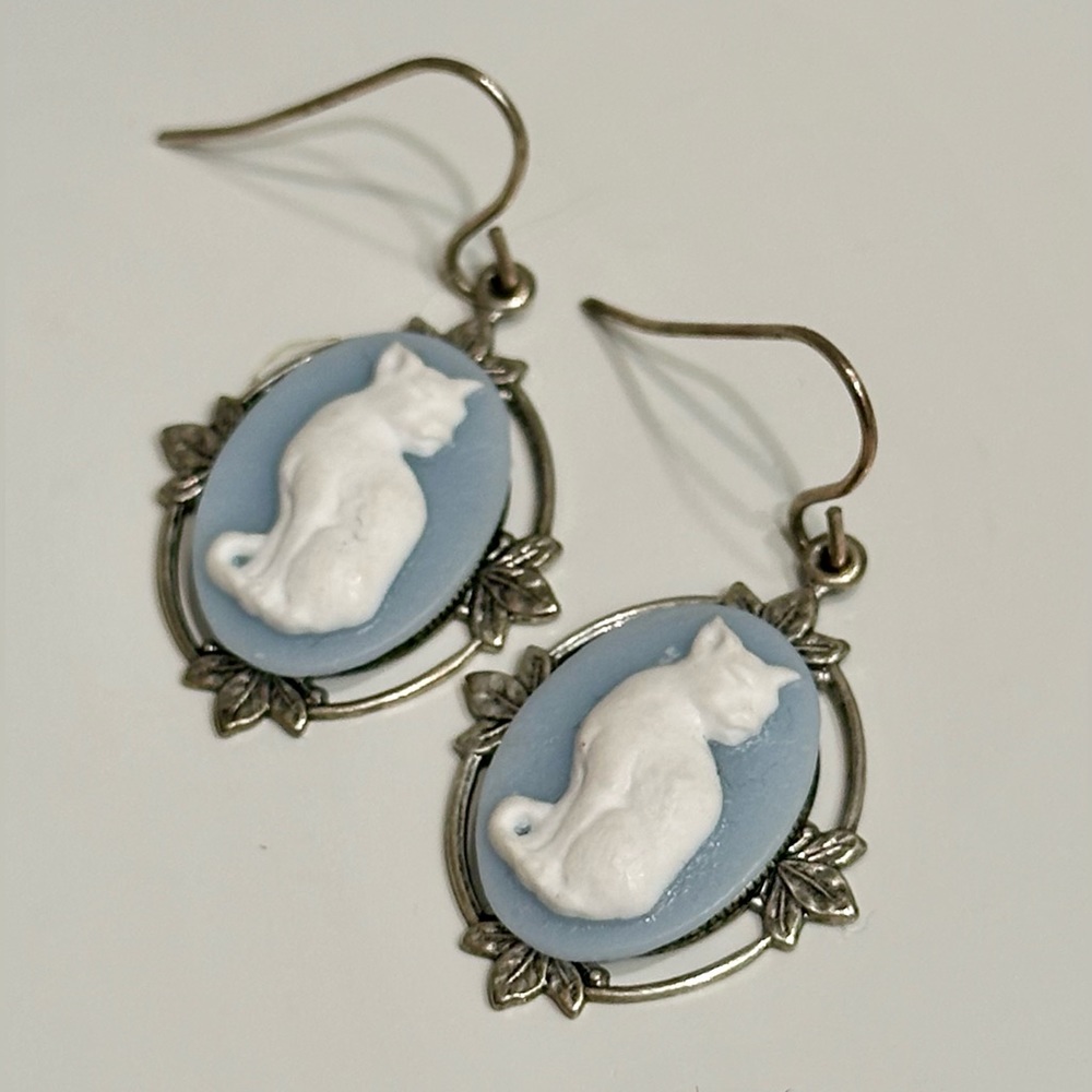 Cat Victorian Style Cameo Drop Earrings
